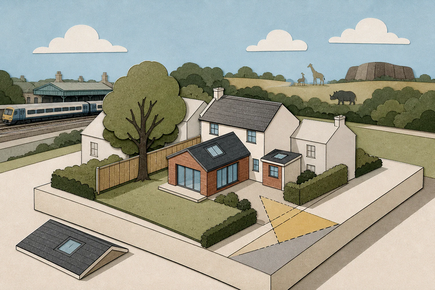 Cut-paper planning illustration for Knowsley Metropolitan, showing extensions, neighbours, access and open land near simplified local landmarks.