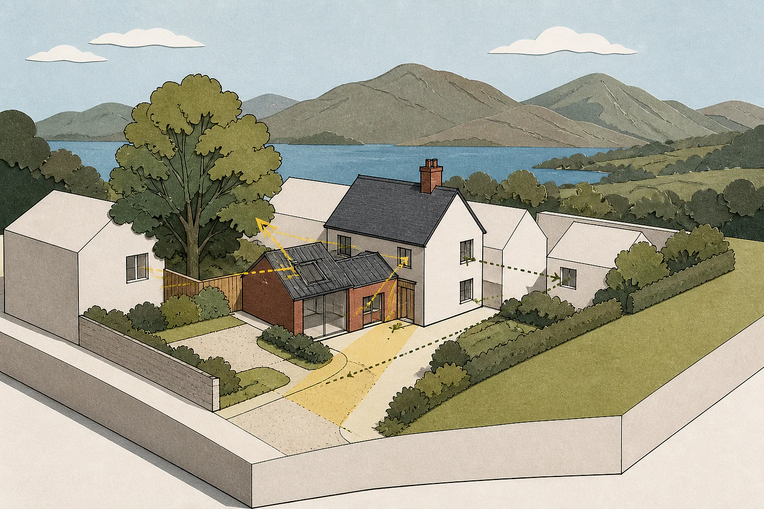 Cut-paper planning illustration for Lake, showing extensions, neighbours, access and open land near simplified local landmarks.