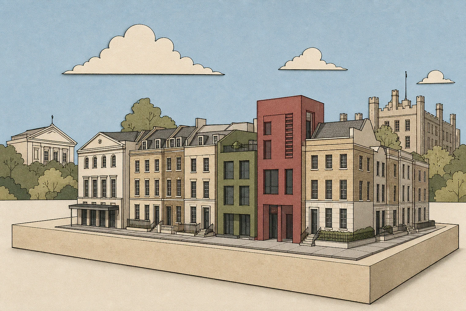 Cut-paper illustration of an imaginary character, scale and appearance planning issue in Lambeth, with simplified local landmarks.