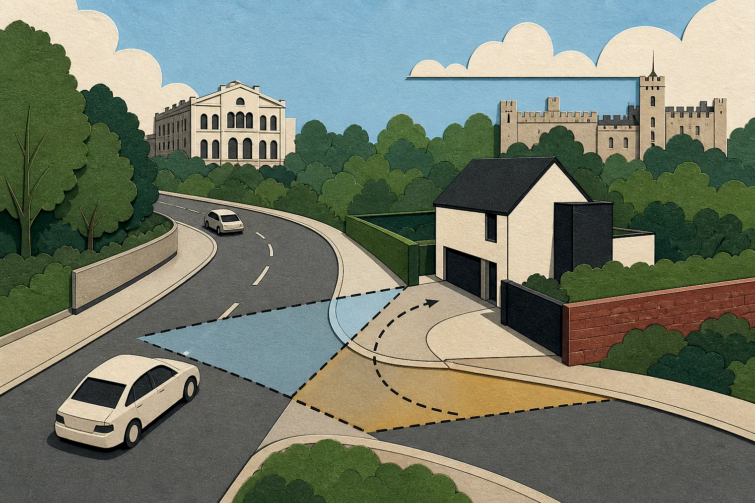 Cut-paper illustration of an imaginary access, visibility and highway safety planning issue in Lambeth, with simplified local landmarks.