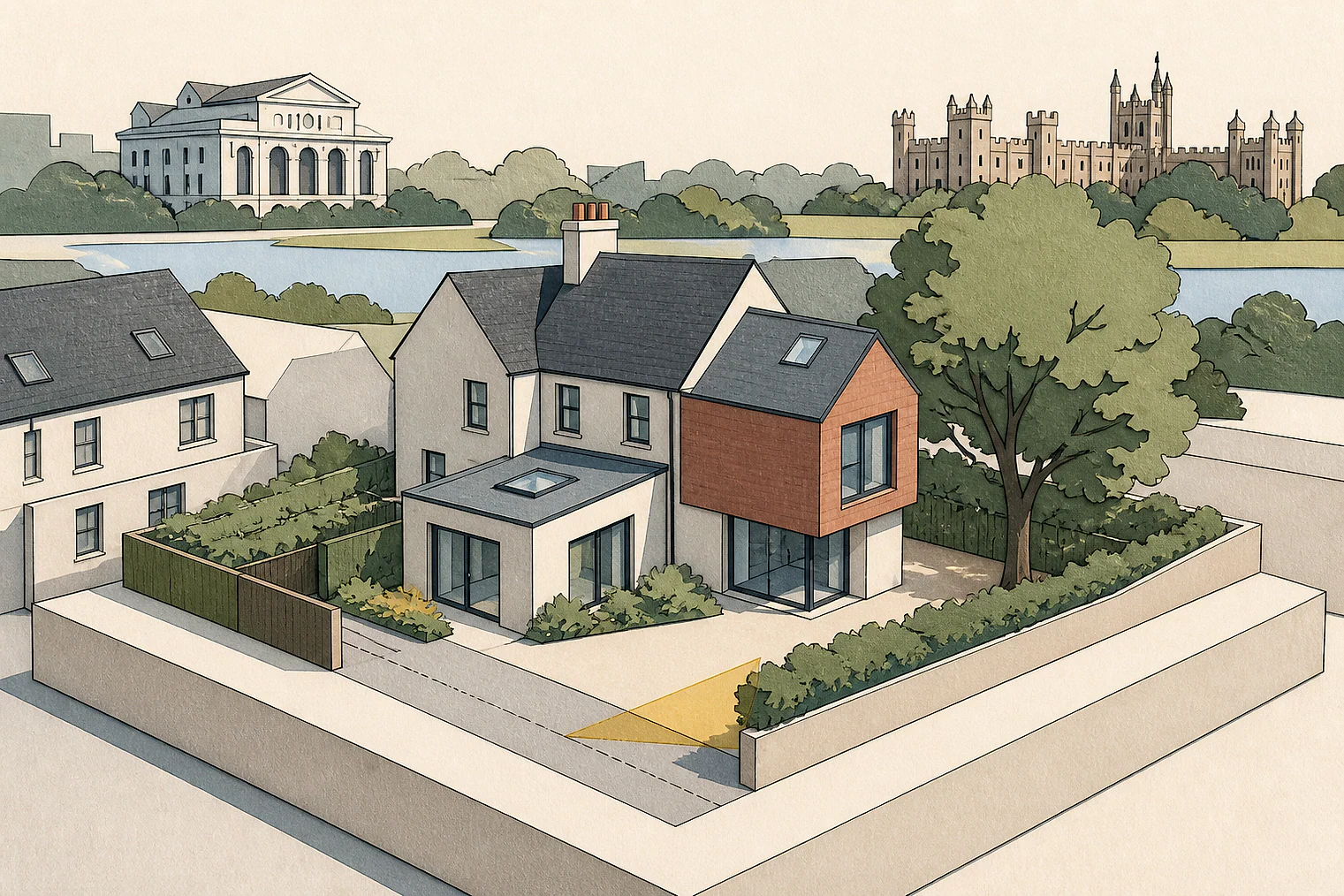Cut-paper planning illustration for Lambeth, showing extensions, neighbours, access and open land near simplified local landmarks.