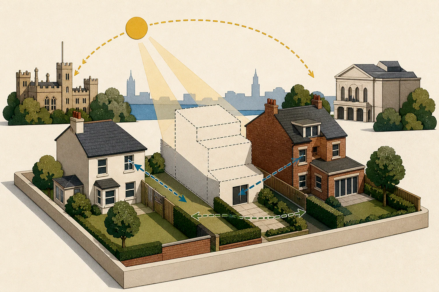Cut-paper illustration of an imaginary privacy, daylight and neighbour living conditions planning issue in Lambeth, with simplified local landmarks.