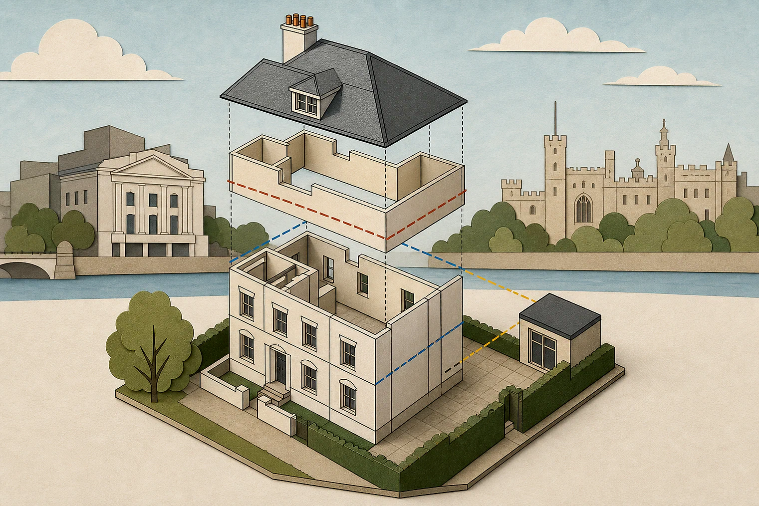 Cut-paper illustration of an imaginary permitted development dimensions and building relationships planning issue in Lambeth, with simplified local landmarks.