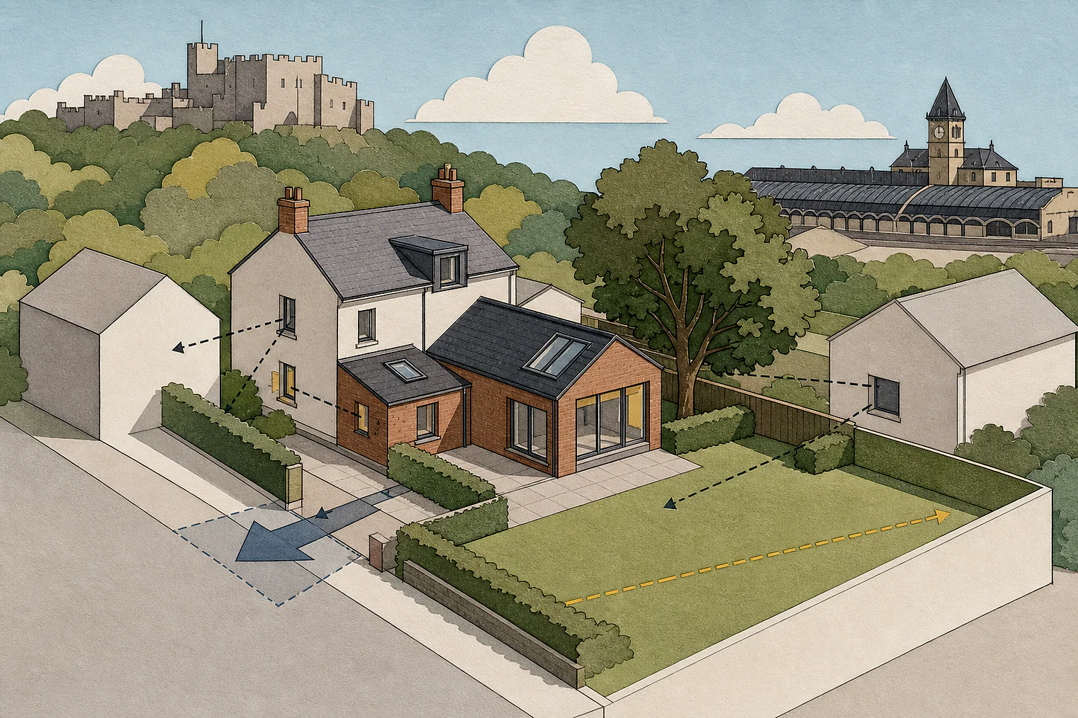 Cut-paper planning illustration for Lancaster, showing extensions, neighbours, access and open land near simplified local landmarks.