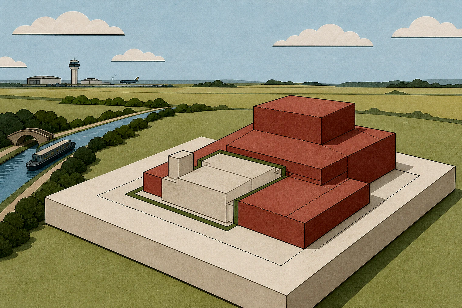 Cut-paper illustration of an imaginary building scale and Green Belt openness planning issue in Leeds, with simplified local landmarks.