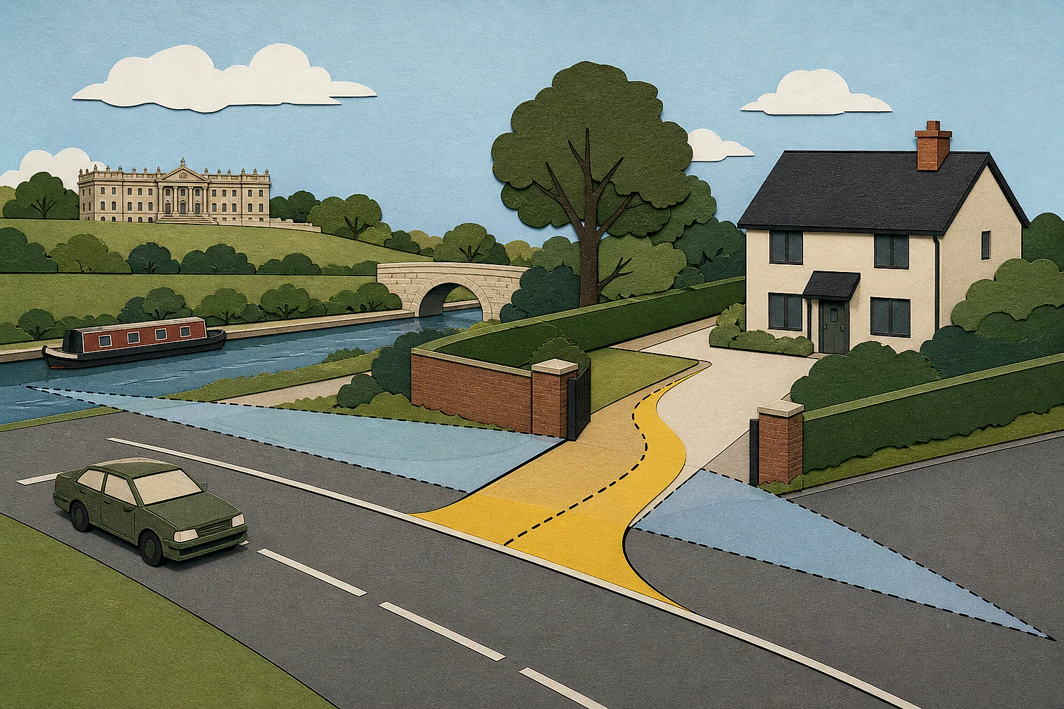 Cut-paper illustration of an imaginary access, visibility and highway safety planning issue in Leeds, with simplified local landmarks.