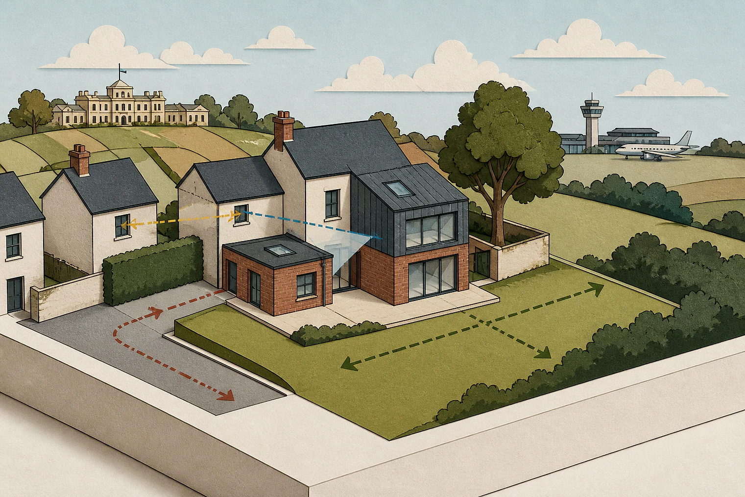 Cut-paper planning illustration for Leeds, showing extensions, neighbours, access and open land near simplified local landmarks.