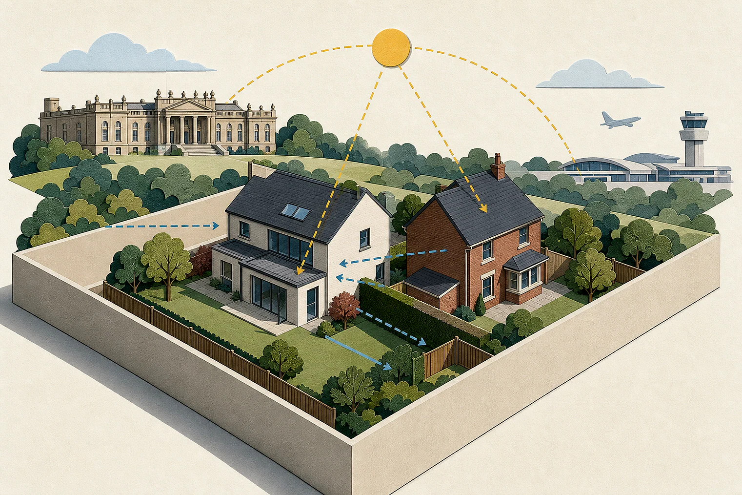 Cut-paper illustration of an imaginary privacy, daylight and neighbour living conditions planning issue in Leeds, with simplified local landmarks.