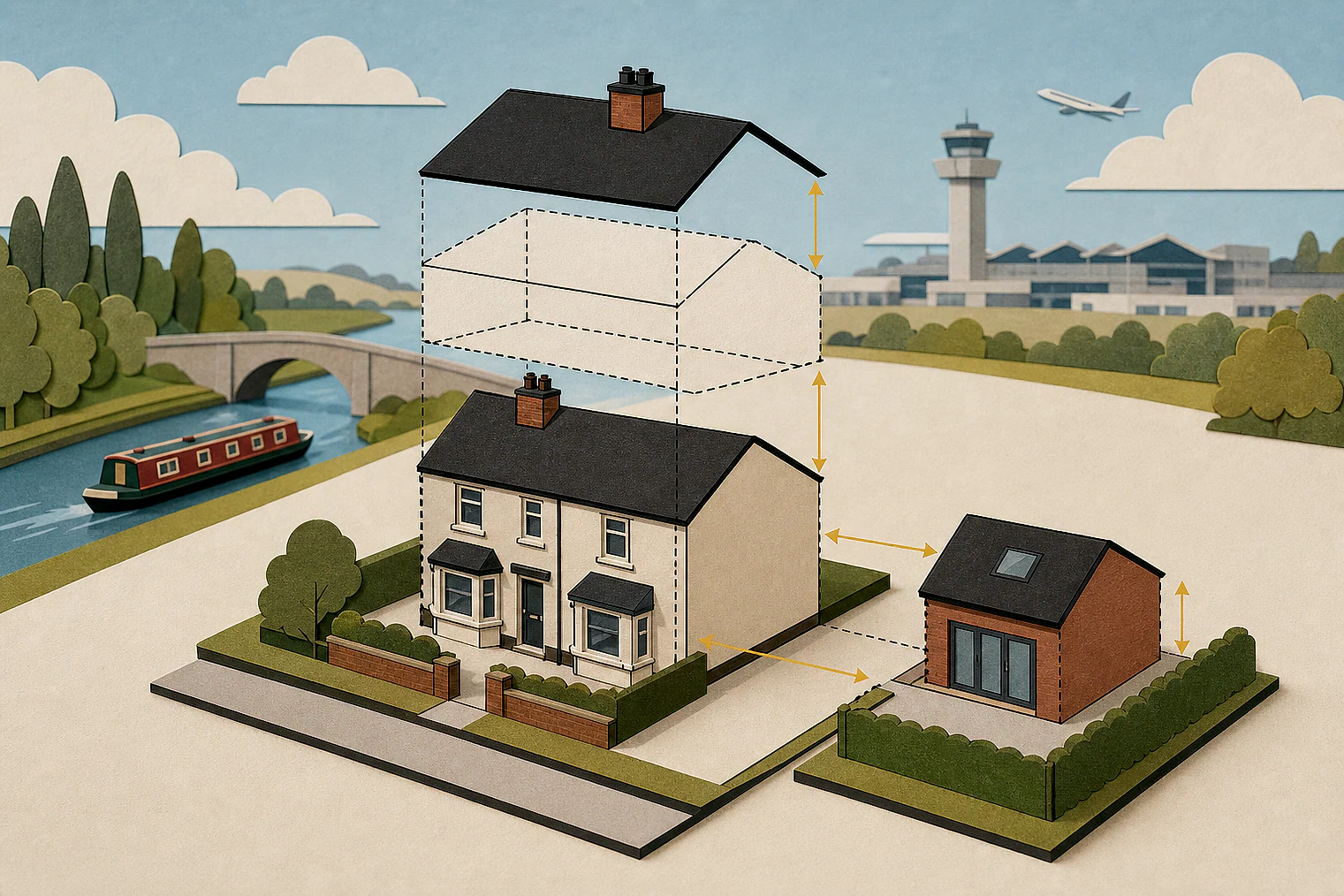 Cut-paper illustration of an imaginary permitted development dimensions and building relationships planning issue in Leeds, with simplified local landmarks.
