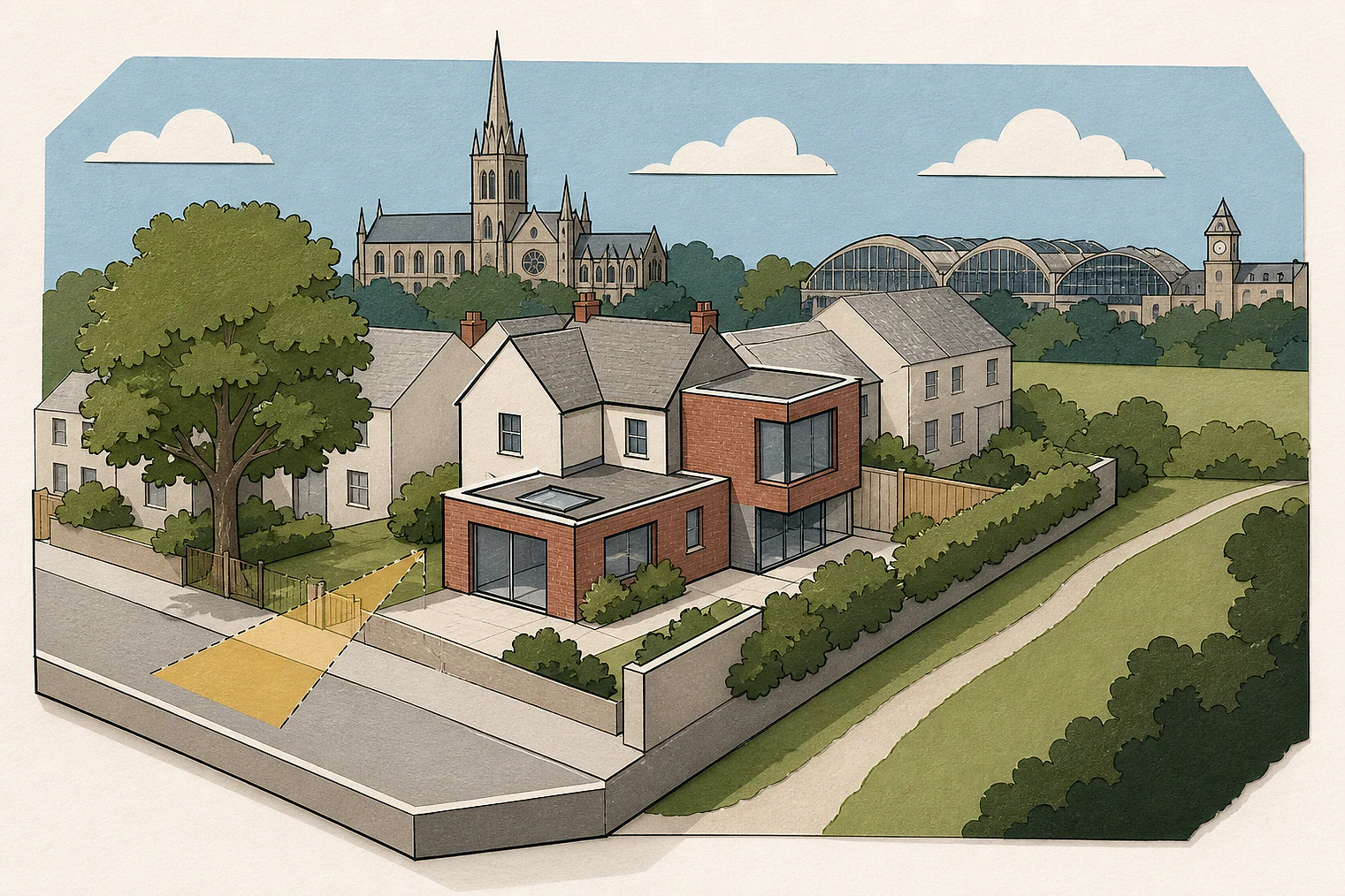 Cut-paper planning illustration for Leicester, showing extensions, neighbours, access and open land near simplified local landmarks.