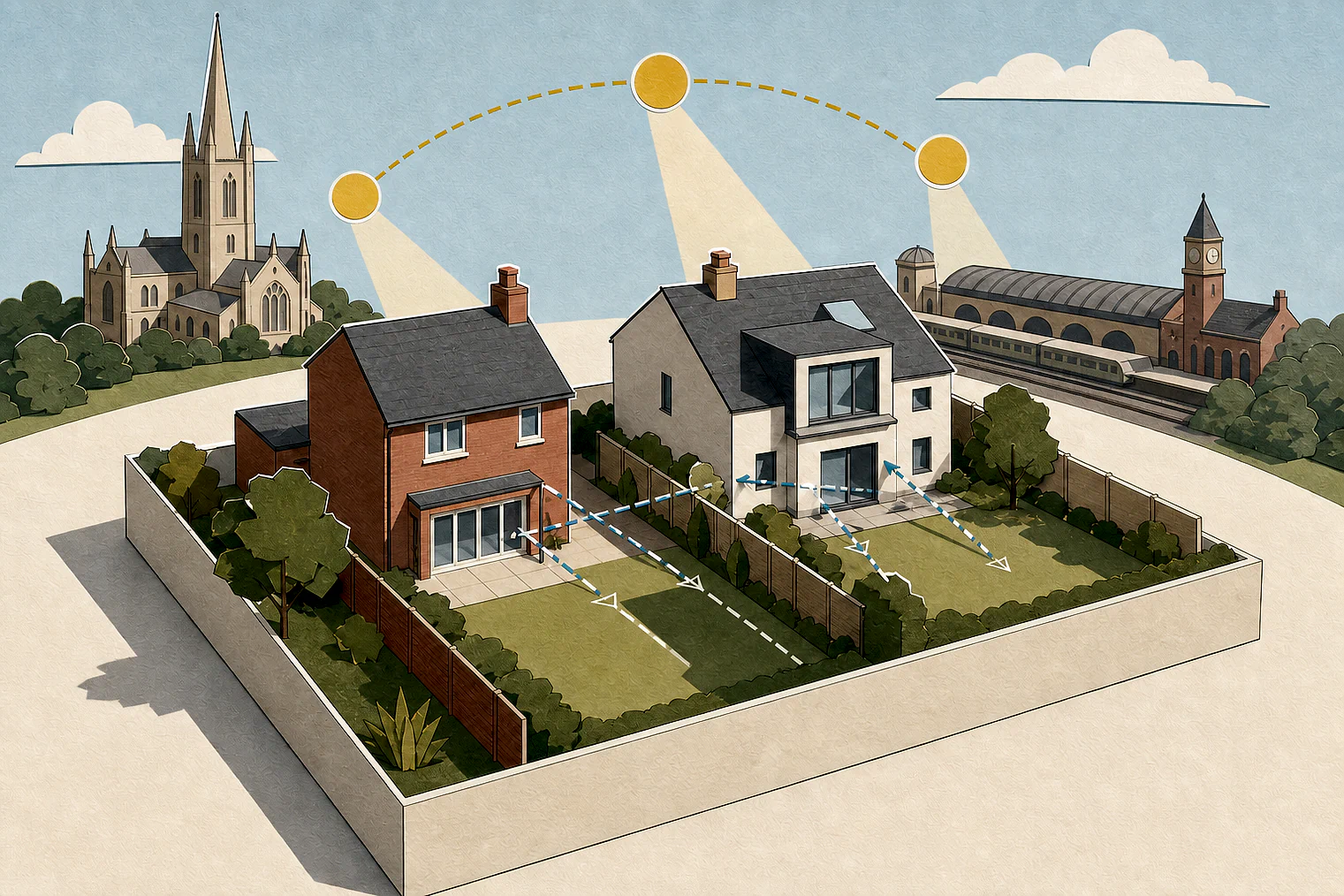 Cut-paper illustration of an imaginary privacy, daylight and neighbour living conditions planning issue in Leicester, with simplified local landmarks.