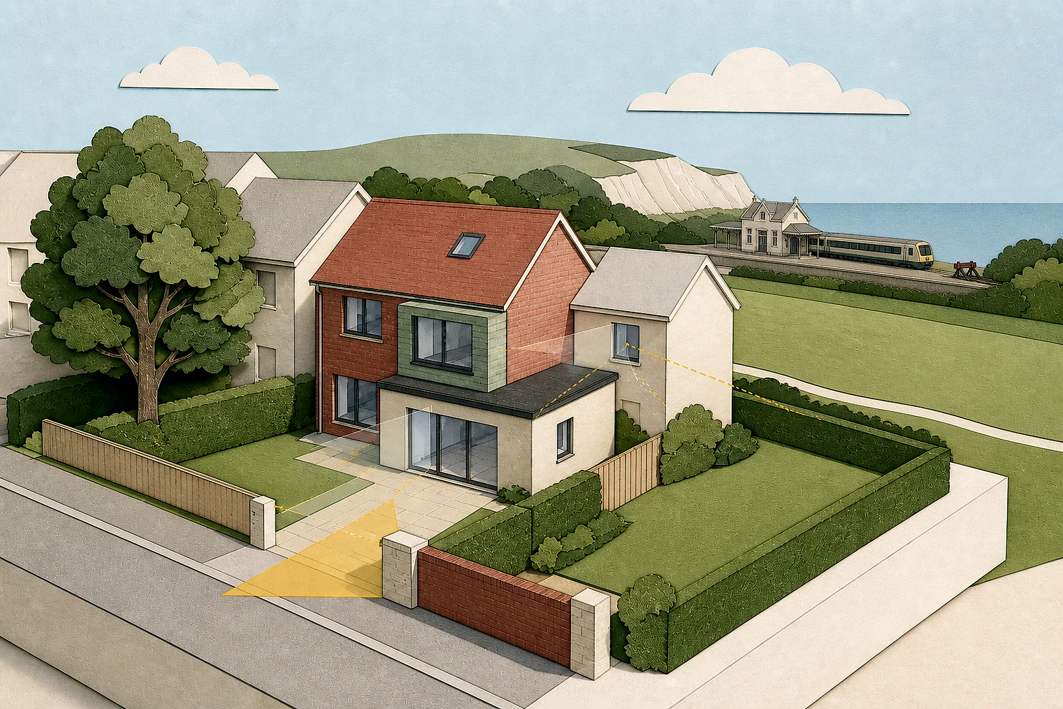 Cut-paper planning illustration for Lewes, showing extensions, neighbours, access and open land near simplified local landmarks.