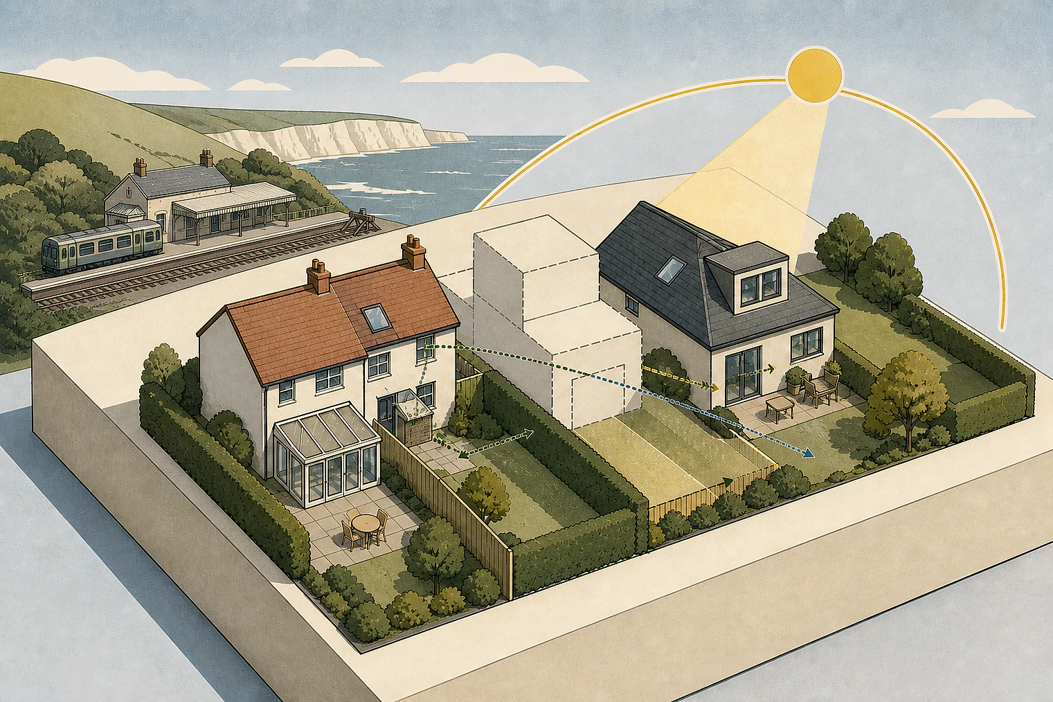 Cut-paper illustration of an imaginary privacy, daylight and neighbour living conditions planning issue in Lewes, with simplified local landmarks.