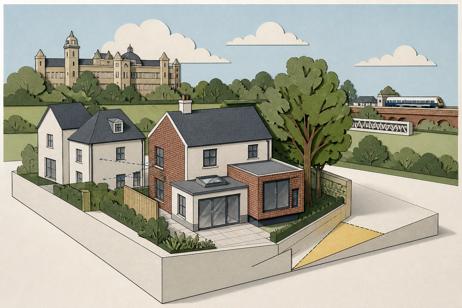 Cut-paper planning illustration for Lewisham, showing extensions, neighbours, access and open land near simplified local landmarks.