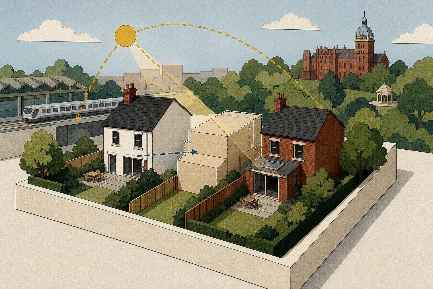 Cut-paper illustration of an imaginary privacy, daylight and neighbour living conditions planning issue in Lewisham, with simplified local landmarks.
