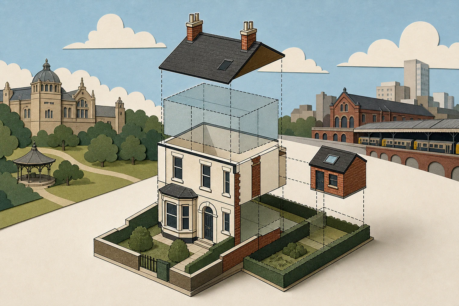 Cut-paper illustration of an imaginary permitted development dimensions and building relationships planning issue in Lewisham, with simplified local landmarks.