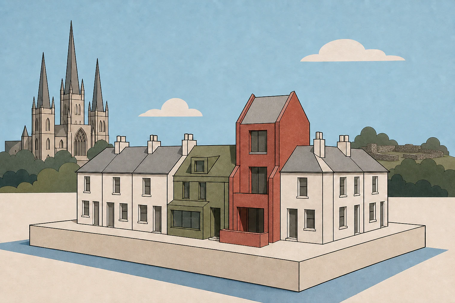 Cut-paper illustration of an imaginary character, scale and appearance planning issue in Lichfield, with simplified local landmarks.