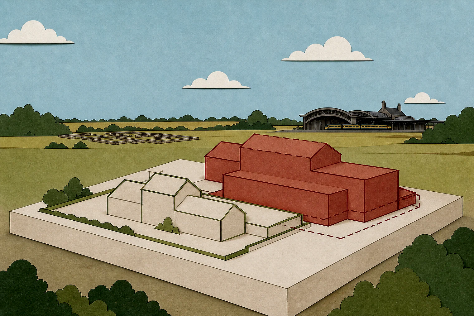 Cut-paper illustration of an imaginary building scale and Green Belt openness planning issue in Lichfield, with simplified local landmarks.