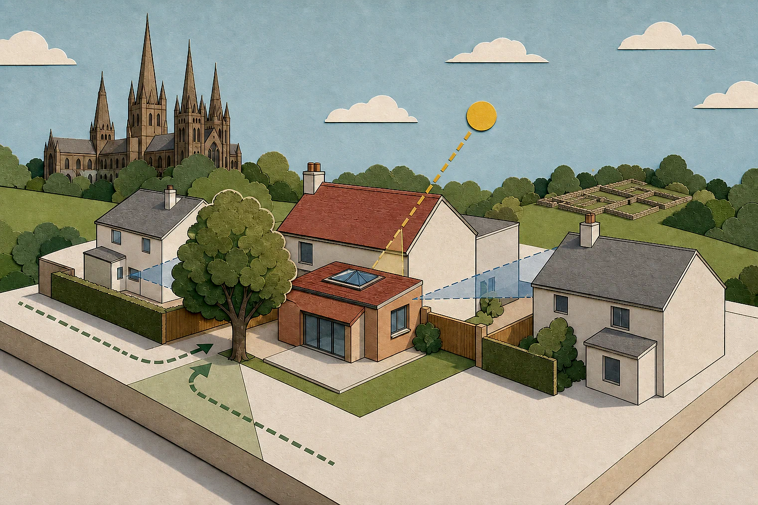 Cut-paper planning illustration for Lichfield, showing extensions, neighbours, access and open land near simplified local landmarks.