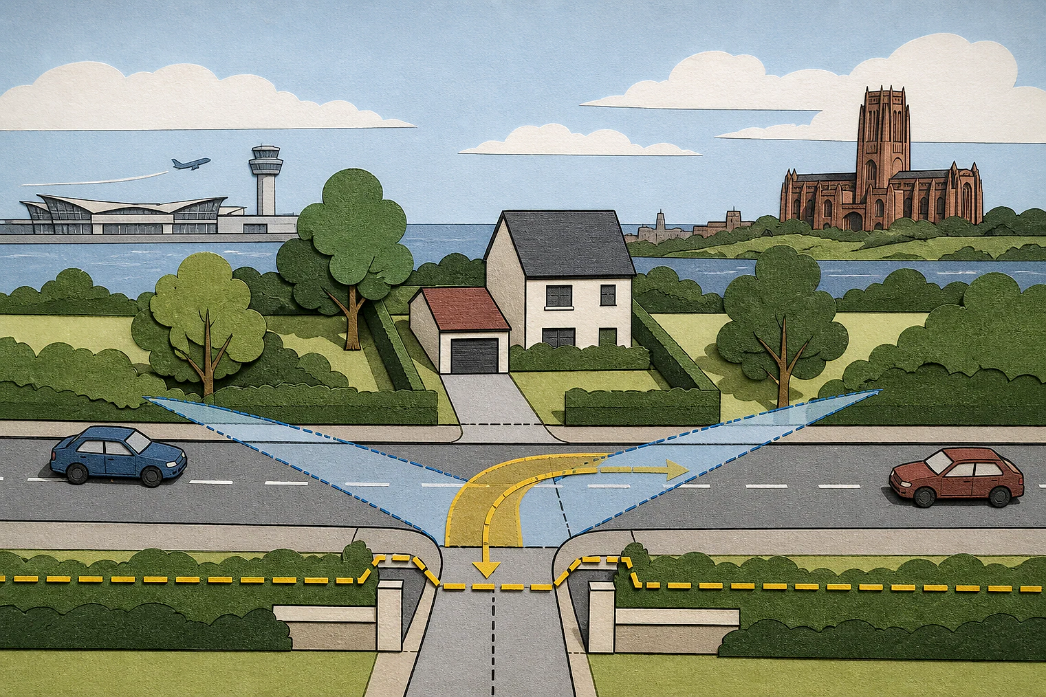 Cut-paper illustration of an imaginary access, visibility and highway safety planning issue in Liverpool, with simplified local landmarks.