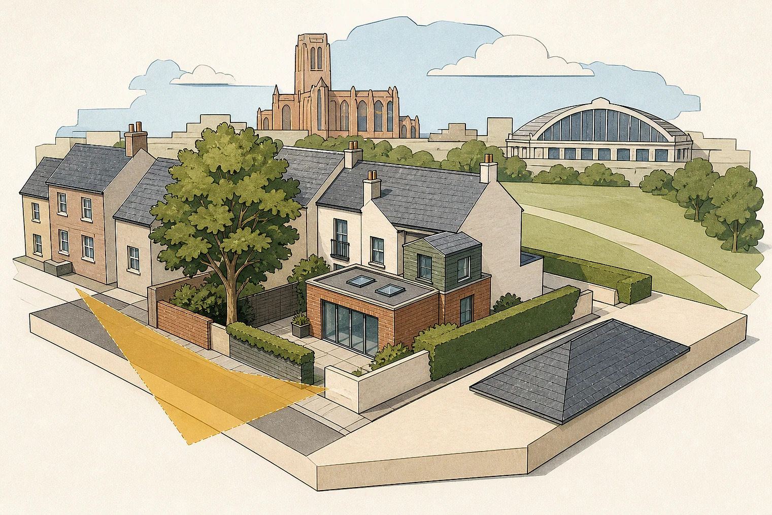 Cut-paper planning illustration for Liverpool, showing extensions, neighbours, access and open land near simplified local landmarks.