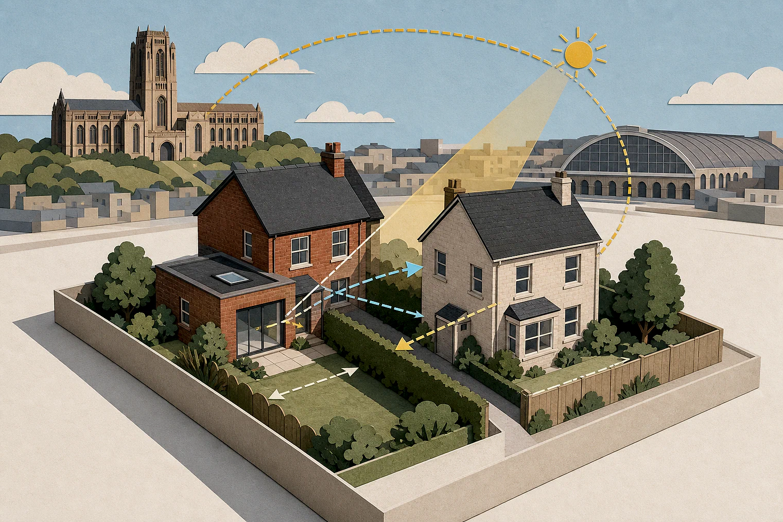 Cut-paper illustration of an imaginary privacy, daylight and neighbour living conditions planning issue in Liverpool, with simplified local landmarks.