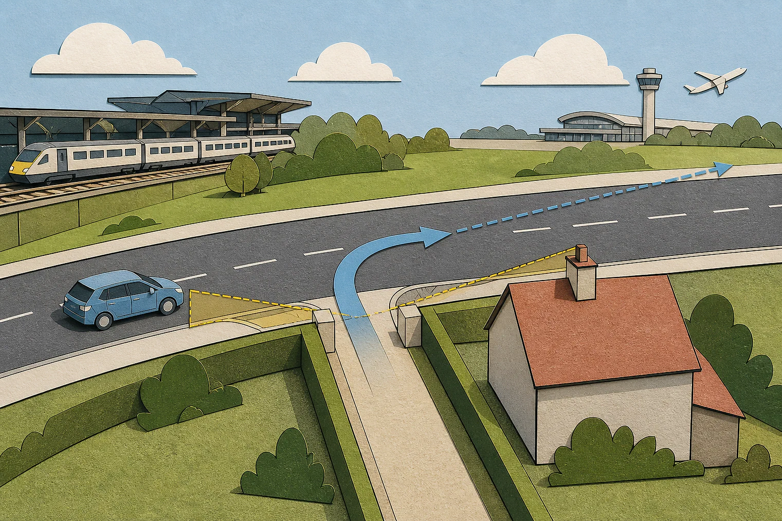 Cut-paper illustration of an imaginary access, visibility and highway safety planning issue in Luton, with simplified local landmarks.