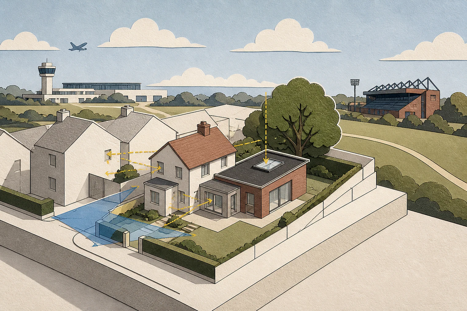Cut-paper planning illustration for Luton, showing extensions, neighbours, access and open land near simplified local landmarks.
