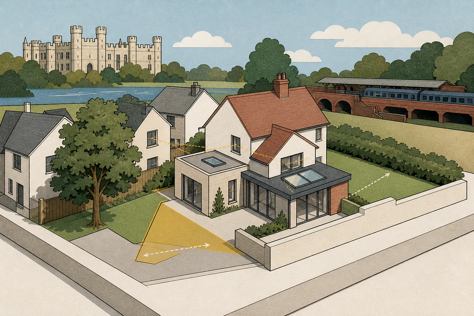 Cut-paper planning illustration for Maidstone, showing extensions, neighbours, access and open land near simplified local landmarks.