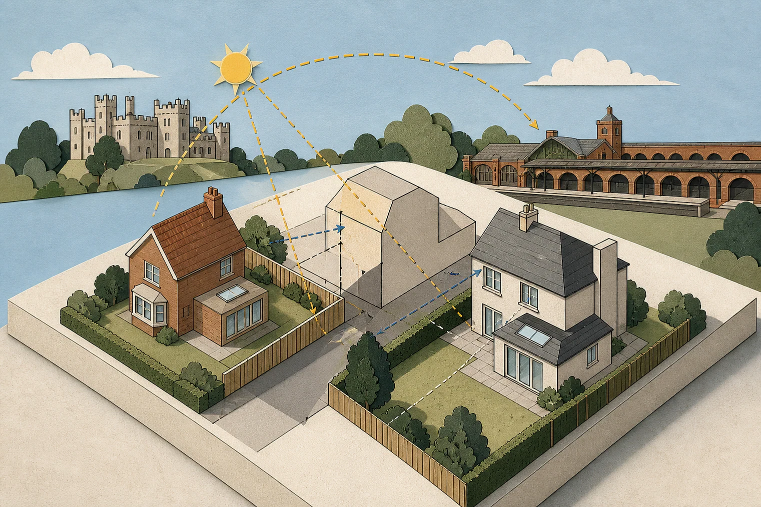 Cut-paper illustration of an imaginary privacy, daylight and neighbour living conditions planning issue in Maidstone, with simplified local landmarks.