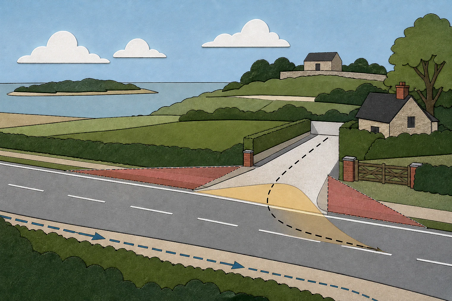 Cut-paper illustration of an imaginary access, visibility and highway safety planning issue in Maldon, with simplified local landmarks.