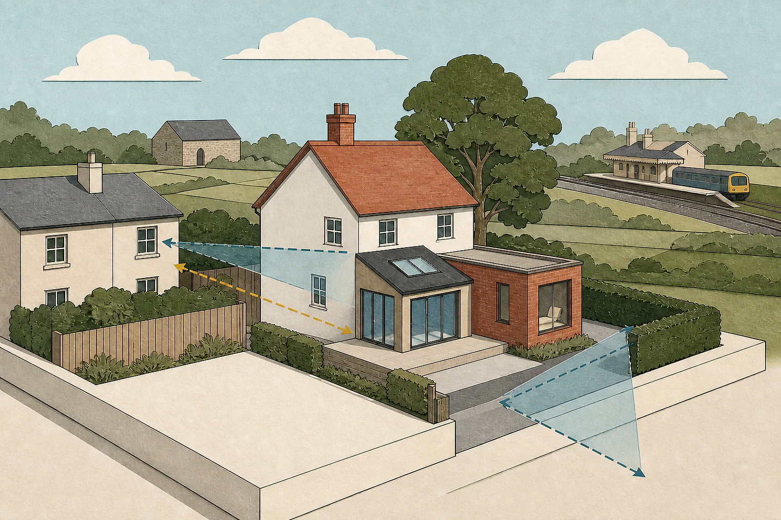 Cut-paper planning illustration for Maldon, showing extensions, neighbours, access and open land near simplified local landmarks.