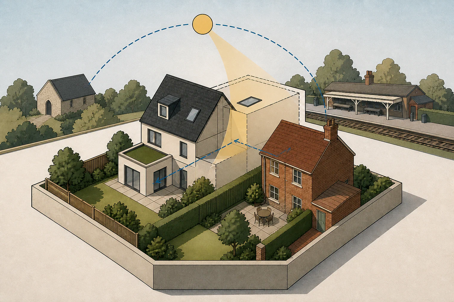 Cut-paper illustration of an imaginary privacy, daylight and neighbour living conditions planning issue in Maldon, with simplified local landmarks.