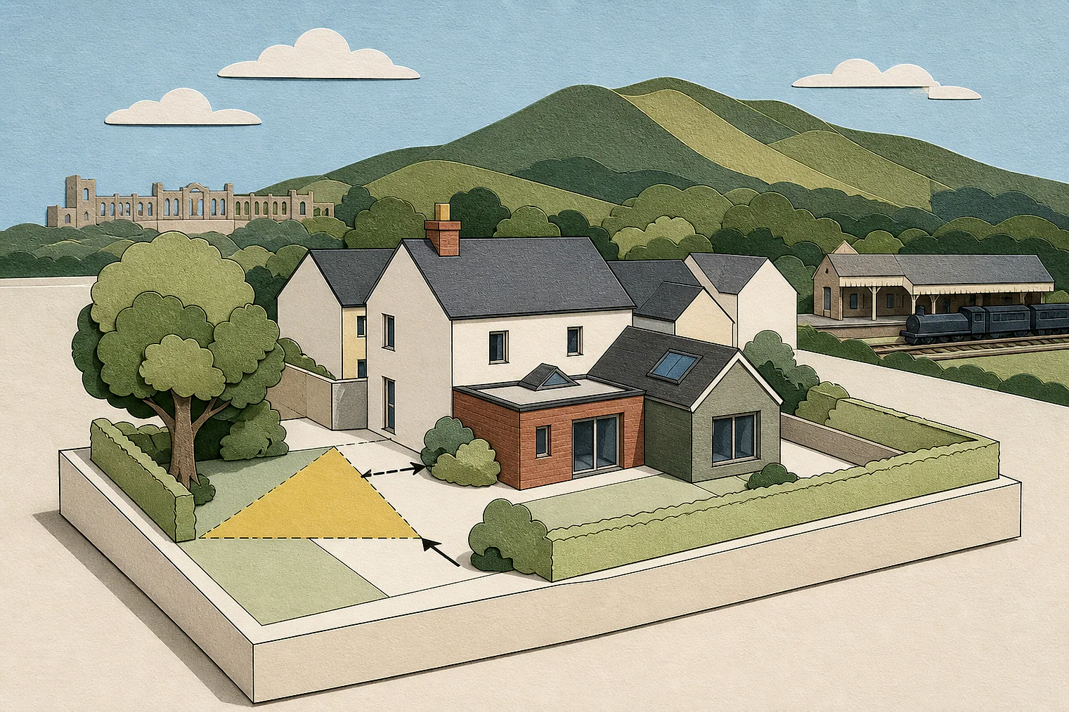 Cut-paper planning illustration for Malvern Hills, showing extensions, neighbours, access and open land near simplified local landmarks.