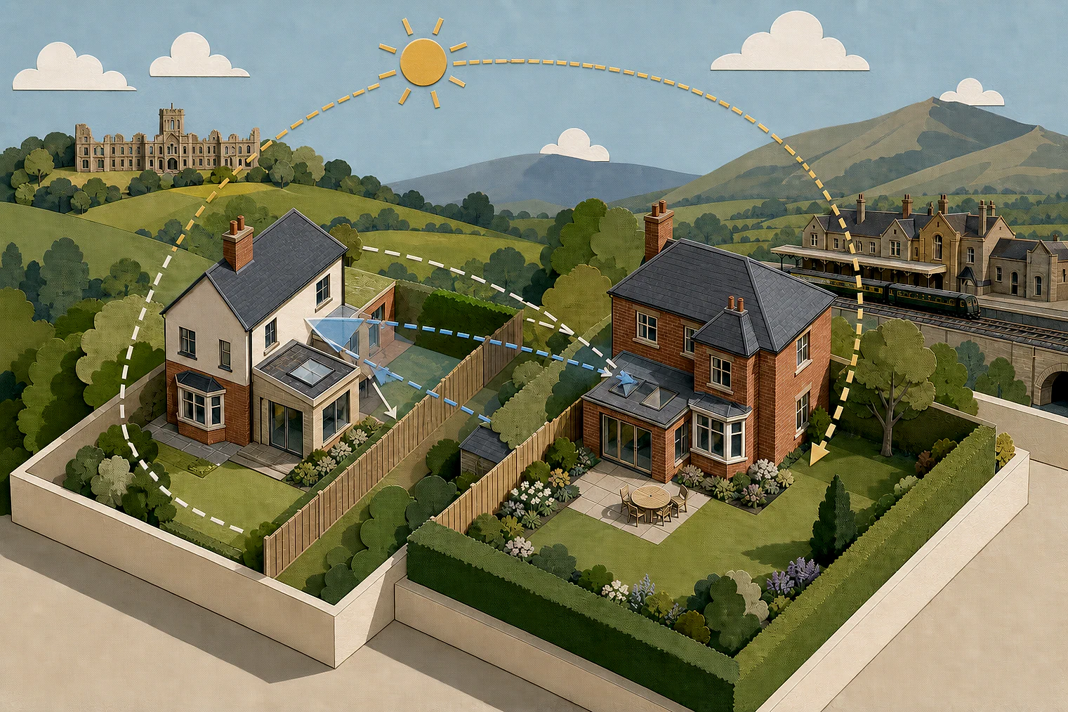 Cut-paper illustration of an imaginary privacy, daylight and neighbour living conditions planning issue in Malvern Hills, with simplified local landmarks.