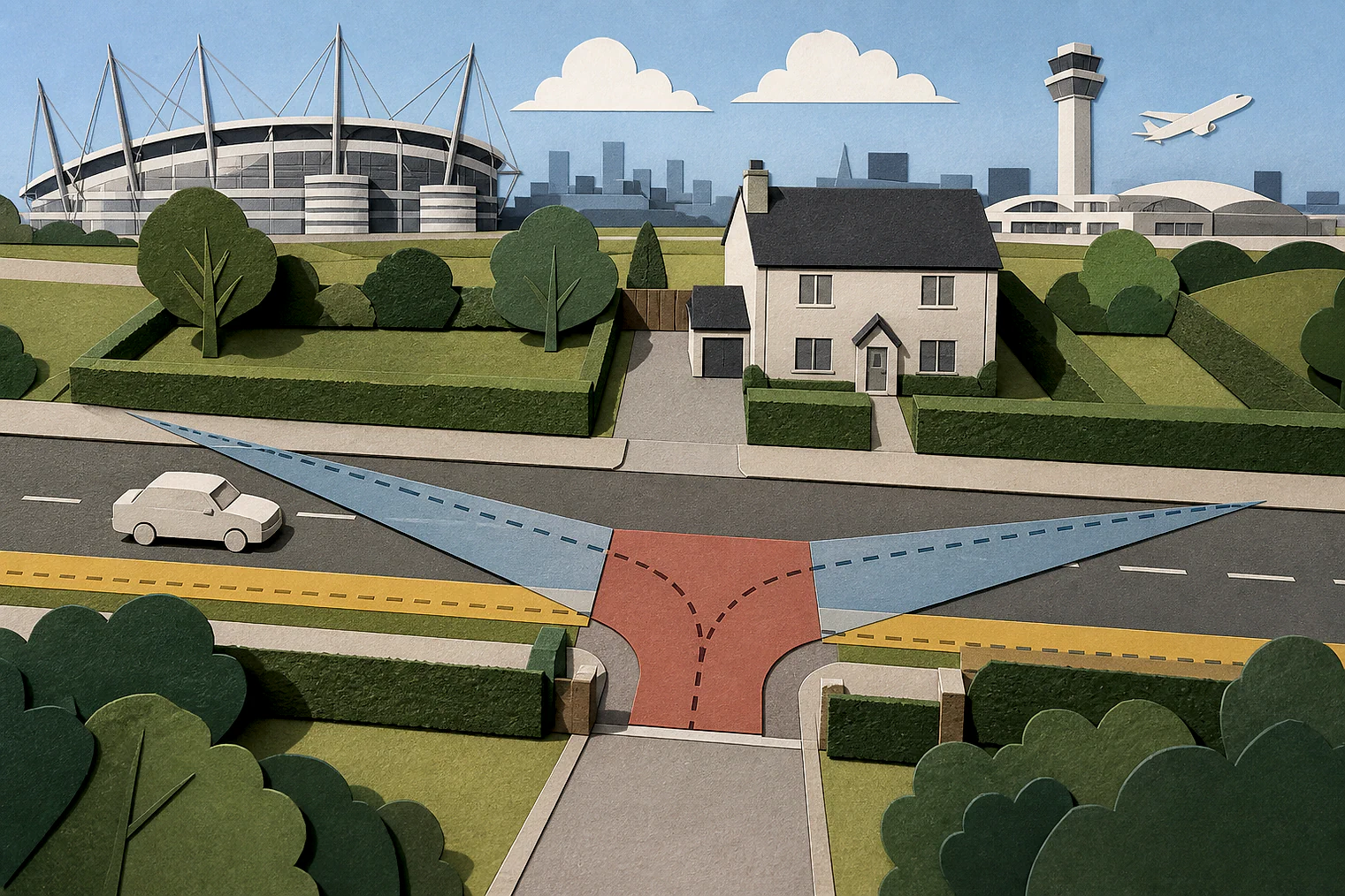Cut-paper illustration of an imaginary access, visibility and highway safety planning issue in Manchester, with simplified local landmarks.