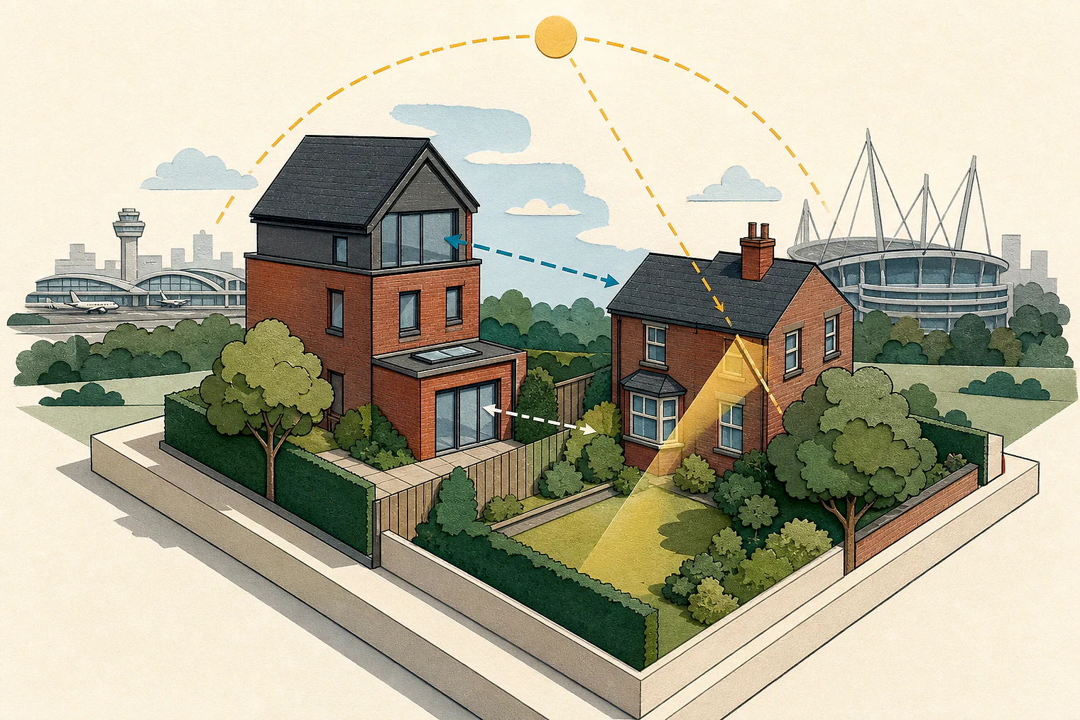 Cut-paper illustration of an imaginary privacy, daylight and neighbour living conditions planning issue in Manchester, with simplified local landmarks.