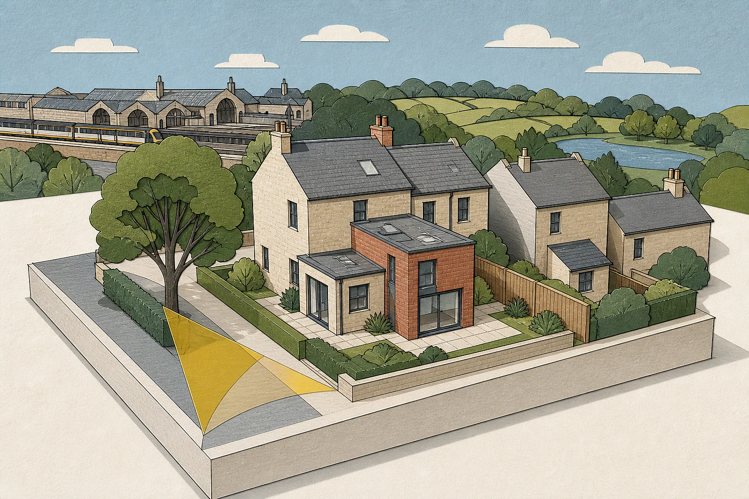 Cut-paper planning illustration for Mansfield, showing extensions, neighbours, access and open land near simplified local landmarks.
