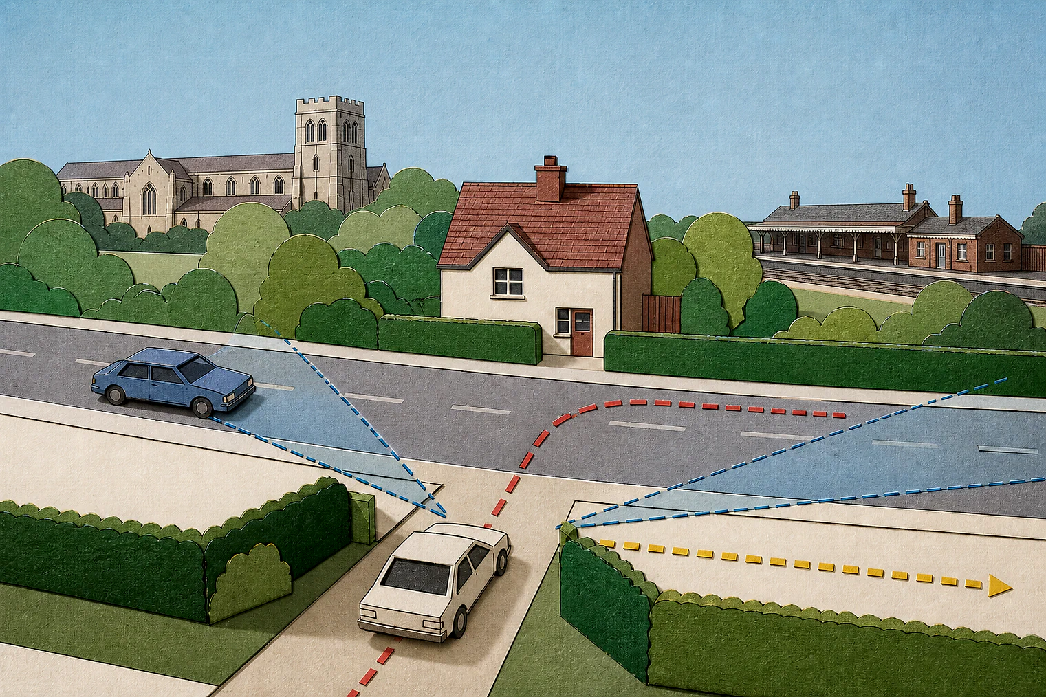 Cut-paper illustration of an imaginary access, visibility and highway safety planning issue in Medway, with simplified local landmarks.