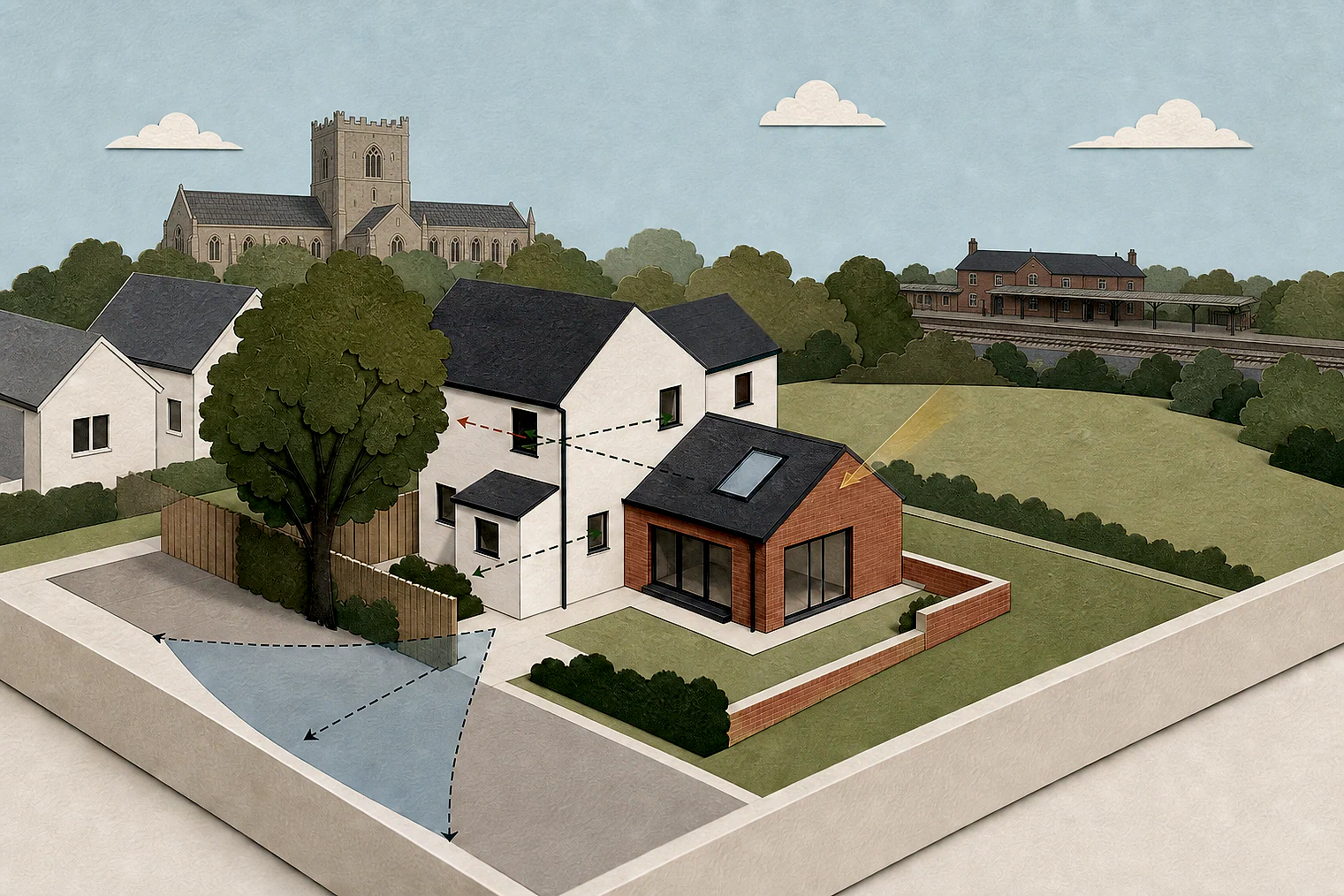 Cut-paper planning illustration for Medway, showing extensions, neighbours, access and open land near simplified local landmarks.
