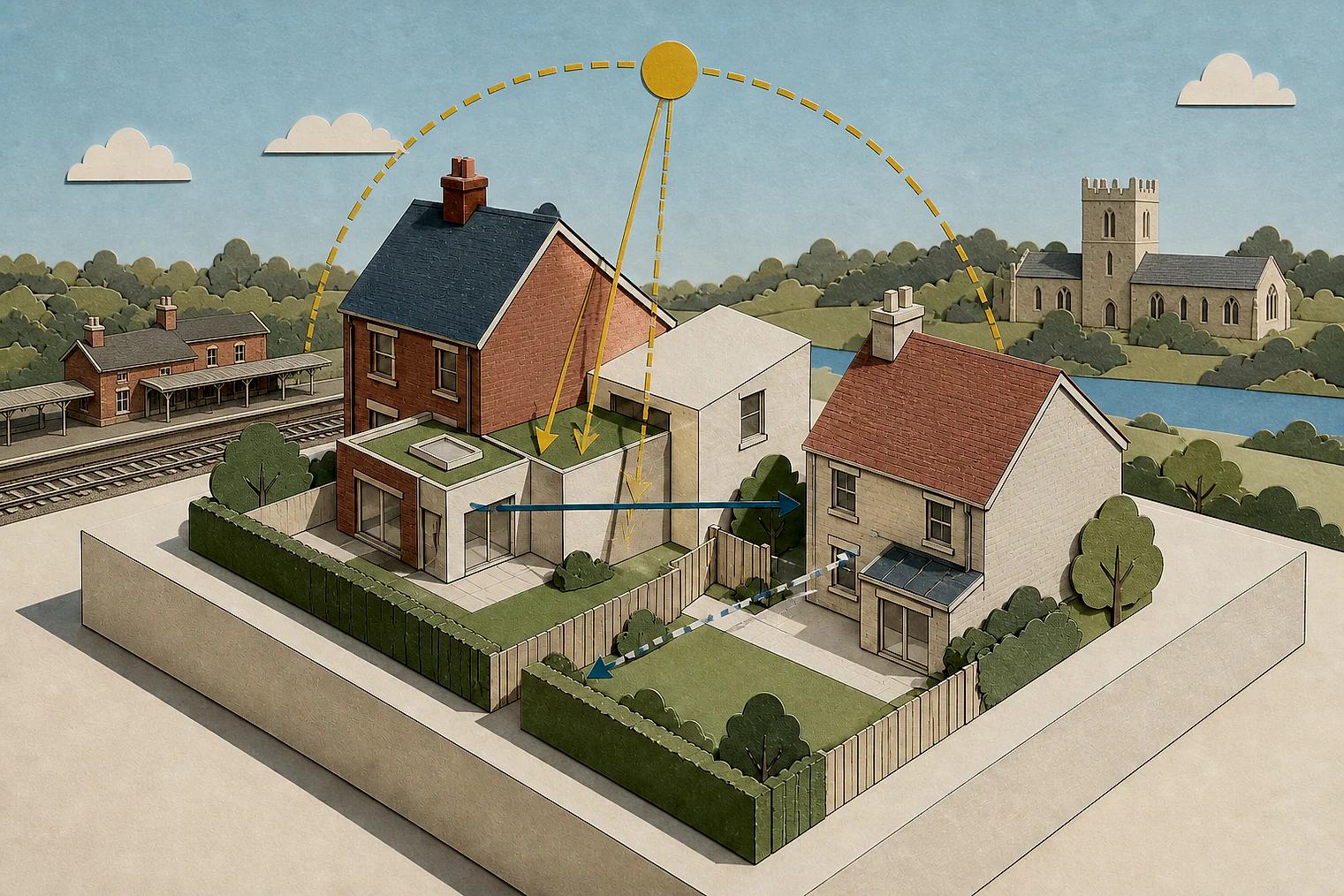 Cut-paper illustration of an imaginary privacy, daylight and neighbour living conditions planning issue in Medway, with simplified local landmarks.
