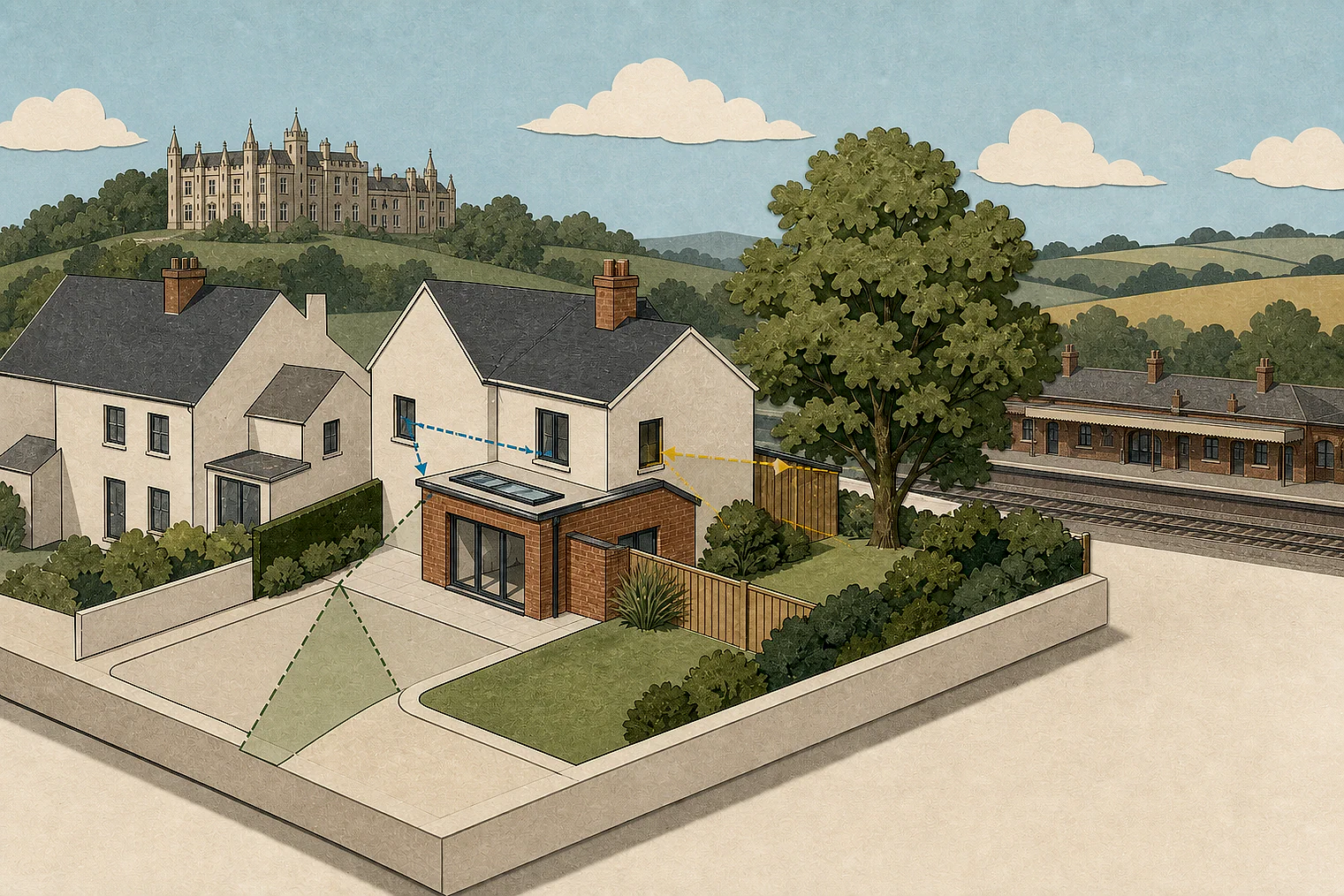Cut-paper planning illustration for Melton, showing extensions, neighbours, access and open land near simplified local landmarks.