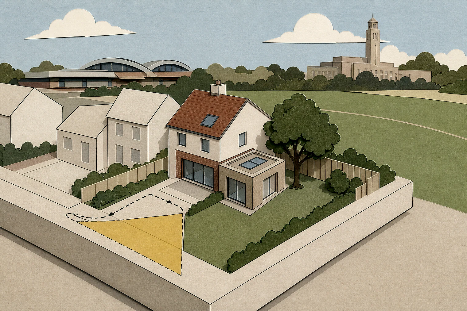 Cut-paper planning illustration for Merton, showing extensions, neighbours, access and open land near simplified local landmarks.