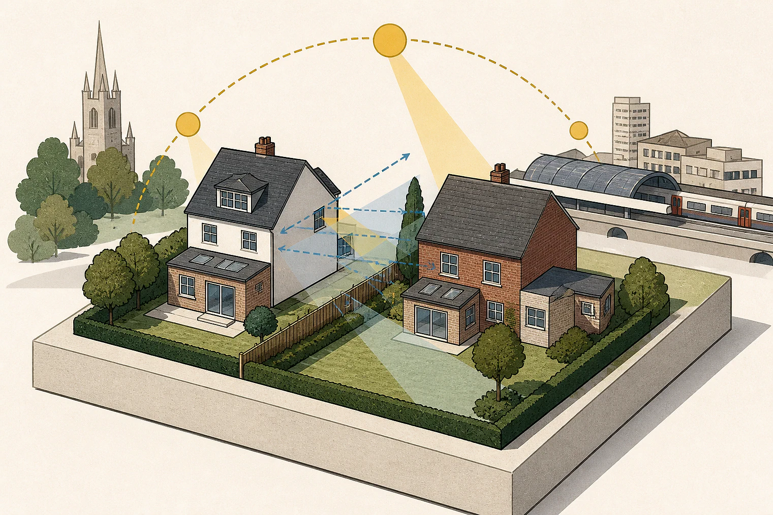 Cut-paper illustration of an imaginary privacy, daylight and neighbour living conditions planning issue in Merton, with simplified local landmarks.