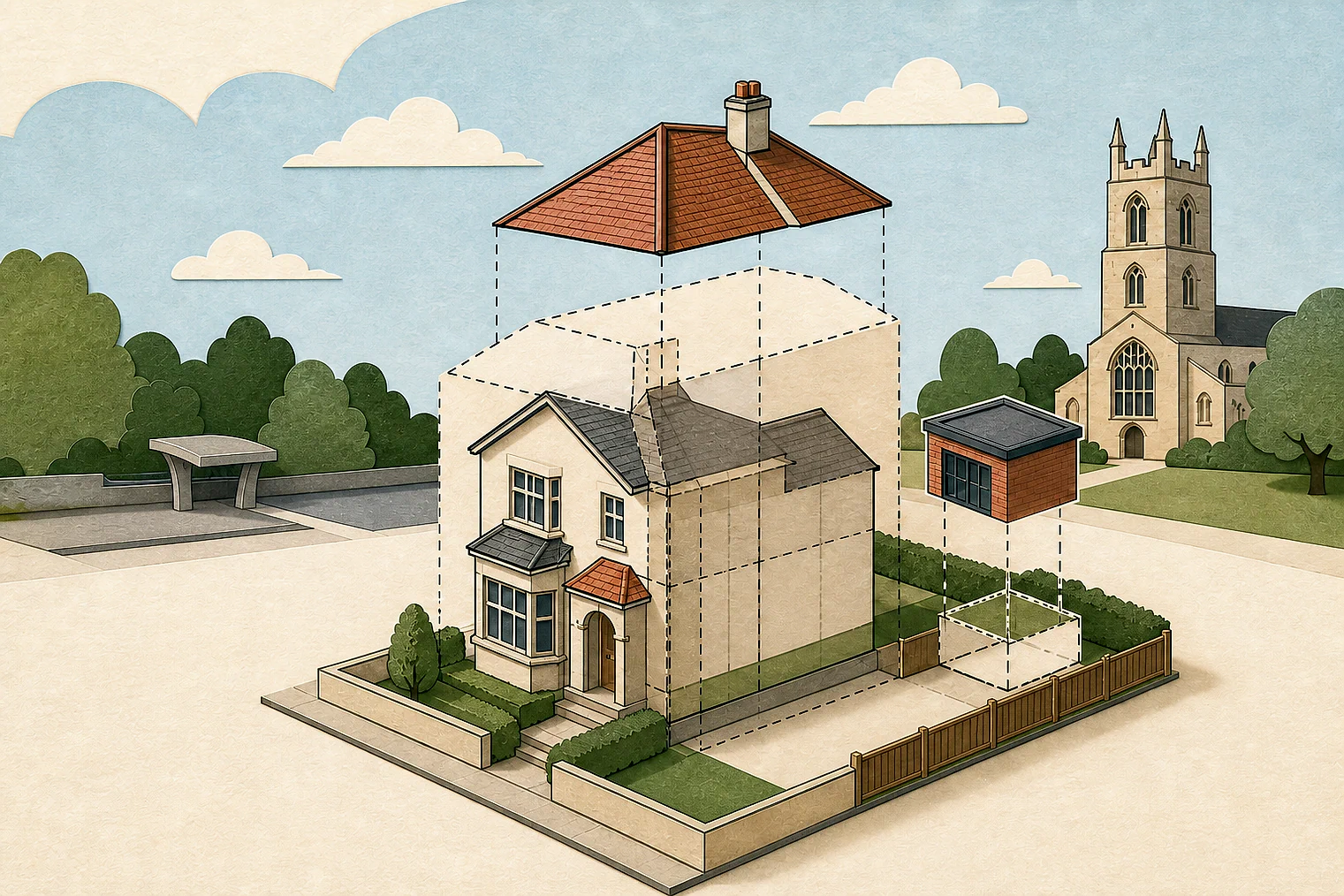 Cut-paper illustration of an imaginary permitted development dimensions and building relationships planning issue in Merton, with simplified local landmarks.