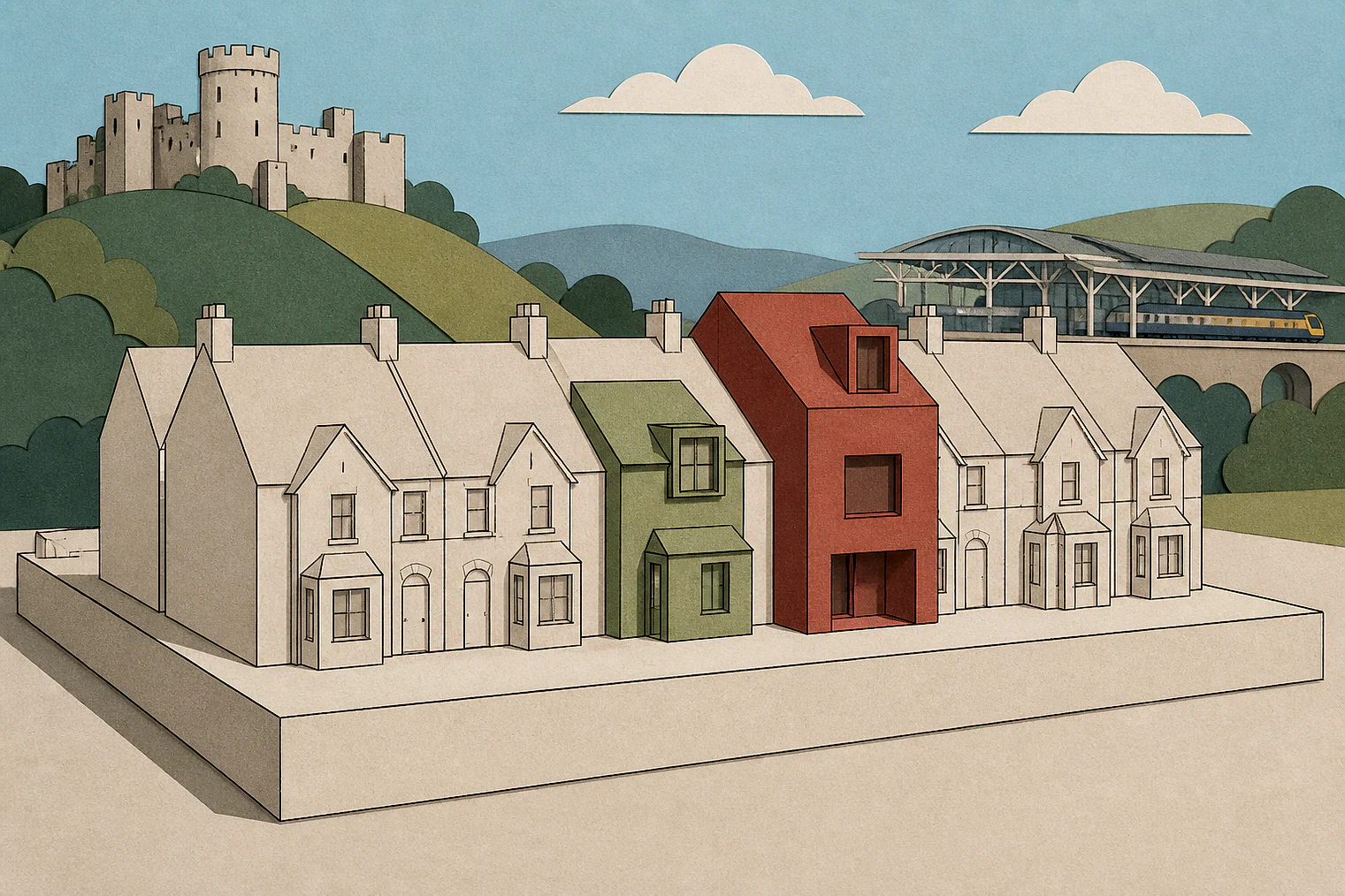 Cut-paper illustration of an imaginary character, scale and appearance planning issue in Mid Devon, with simplified local landmarks.