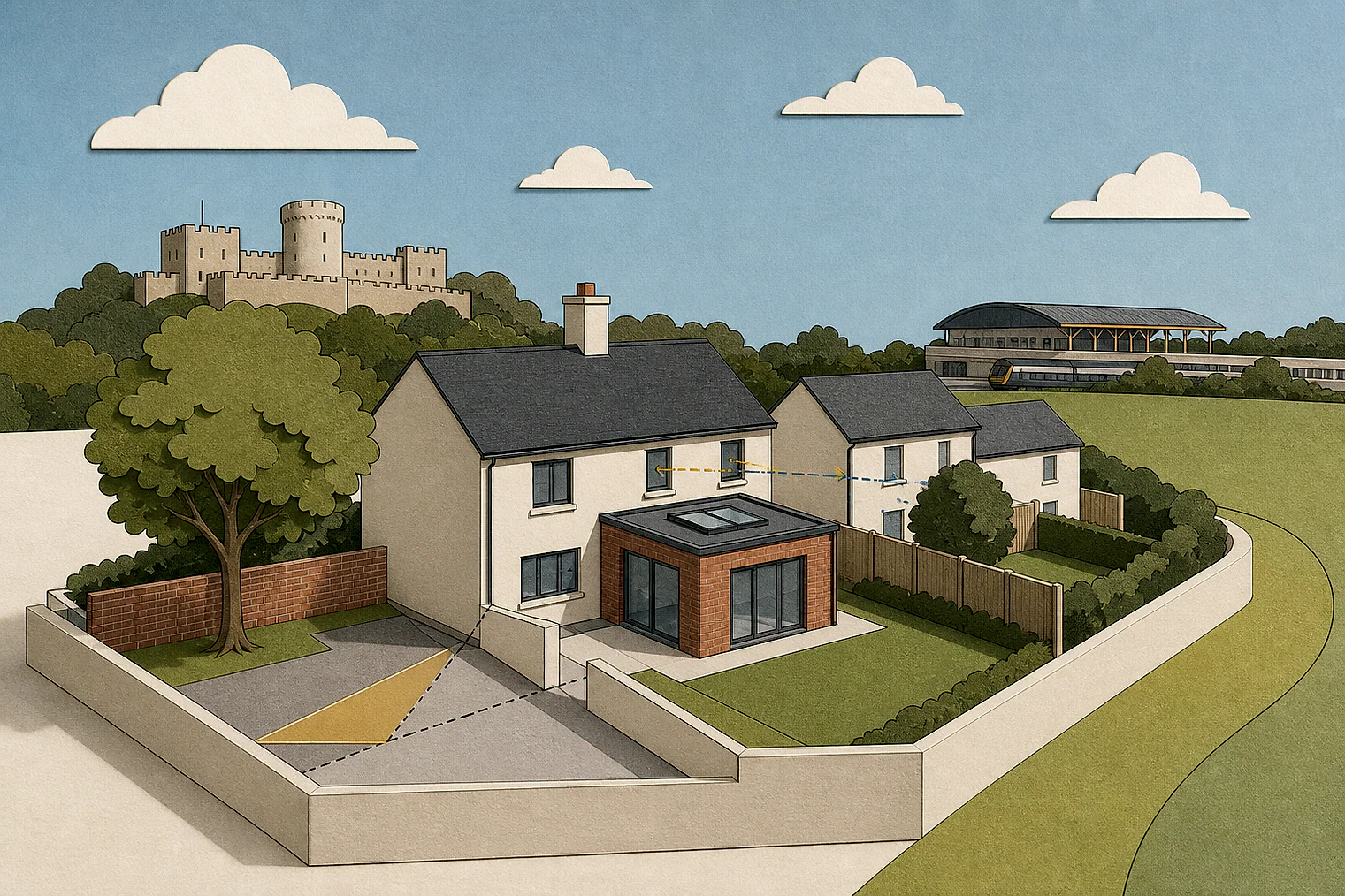 Cut-paper planning illustration for Mid Devon, showing extensions, neighbours, access and open land near simplified local landmarks.
