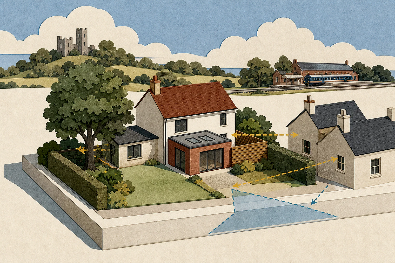 Cut-paper planning illustration for Mid Suffolk, showing extensions, neighbours, access and open land near simplified local landmarks.