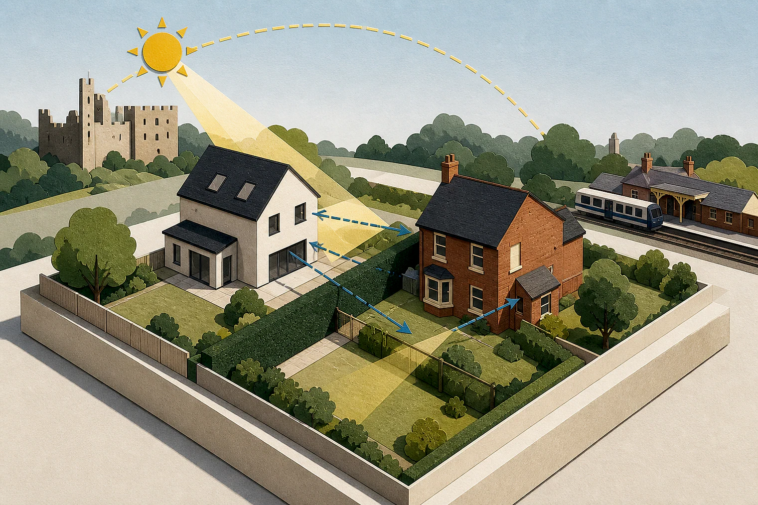 Cut-paper illustration of an imaginary privacy, daylight and neighbour living conditions planning issue in Mid Suffolk, with simplified local landmarks.