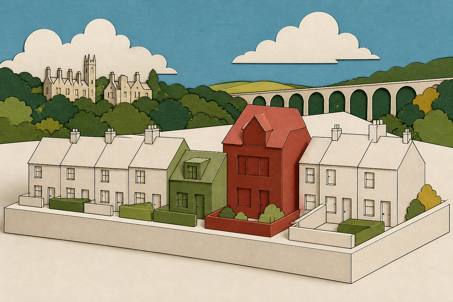 Cut-paper illustration of an imaginary character, scale and appearance planning issue in Mid Sussex, with simplified local landmarks.
